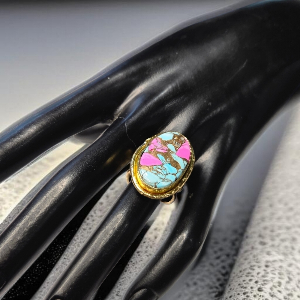 18k Gold Plated Cotton Candy Turquoise Statement Ring - Picture 5 of 6